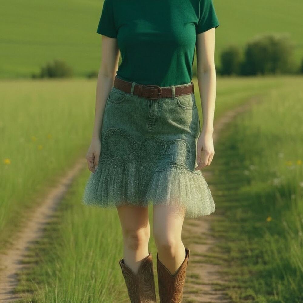 Vintage Urban Outfitters Olive Green Denim Skirt Y2K Fairy Boho Fringe 8/10 - Picture 6 of 6